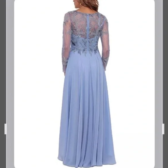 XSCAPE Petite Sequin Embellished Long Sleeve BoatNeck Chiffon Gown in Dusty Blue - Picture 3 of 10